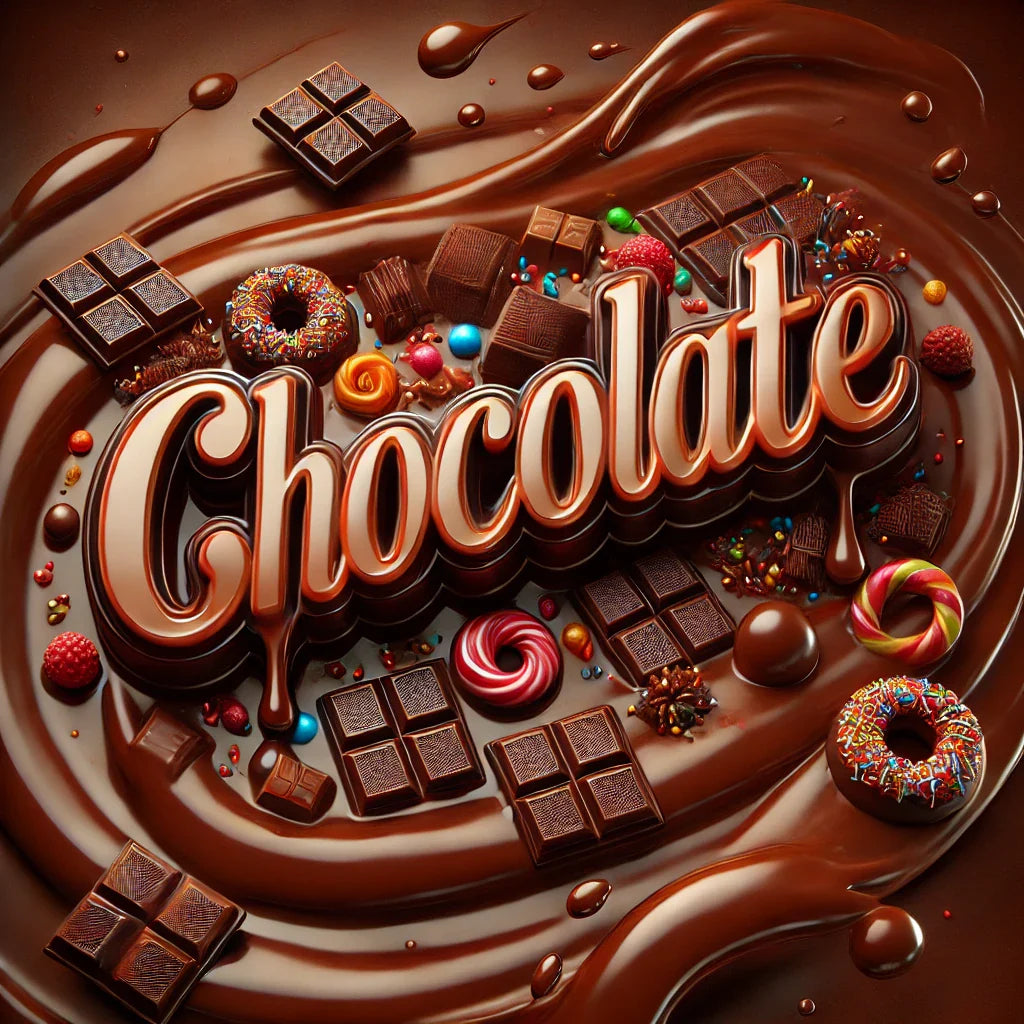 Delicious chocolates online featuring assorted chocolate pieces, truffles, and colorful candy swirls on melted chocolate