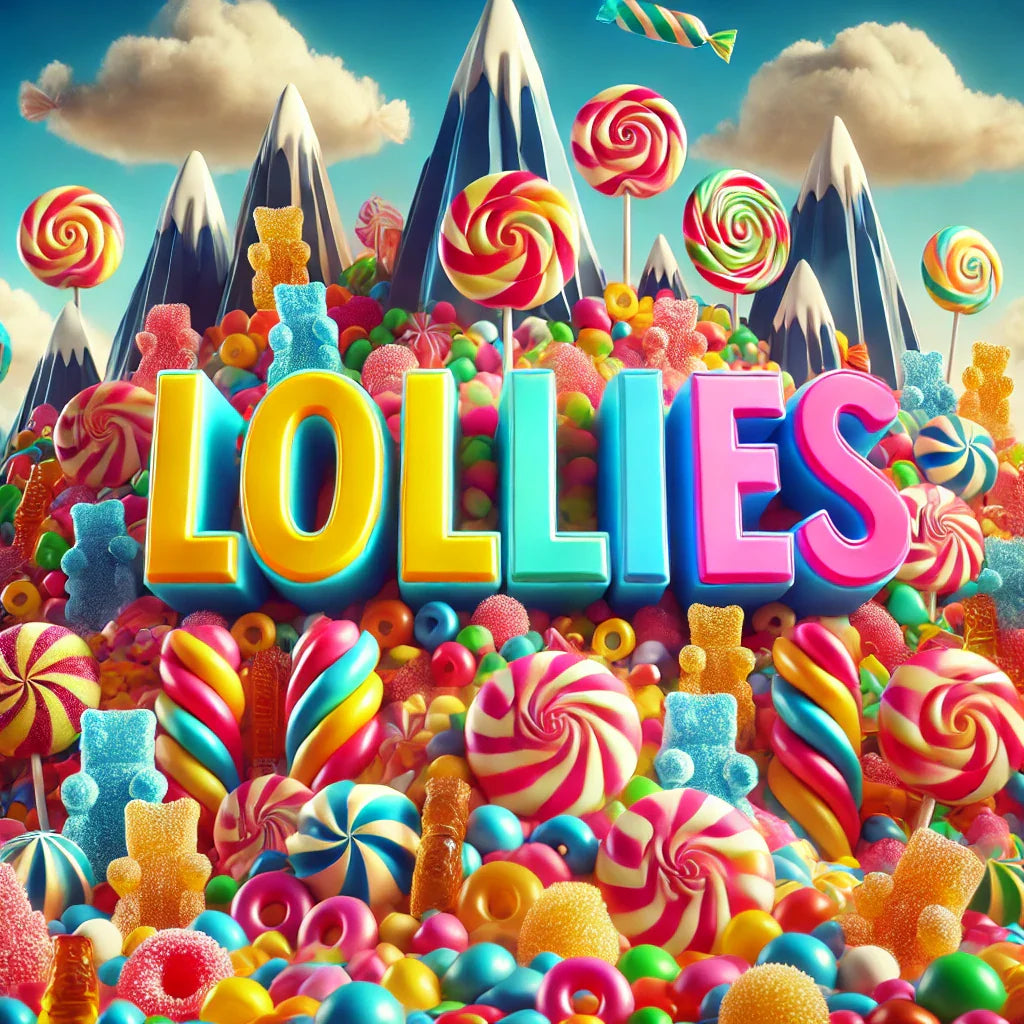 Colorful candy mountain with lollipops gummy bears and sweets to buy lollies online