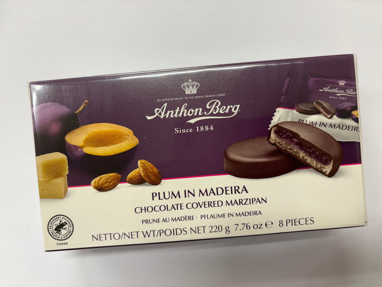 Anthon Berg Plum in Madeira Chocolate Covered Marzipan box containing 8 pieces of sweet treats