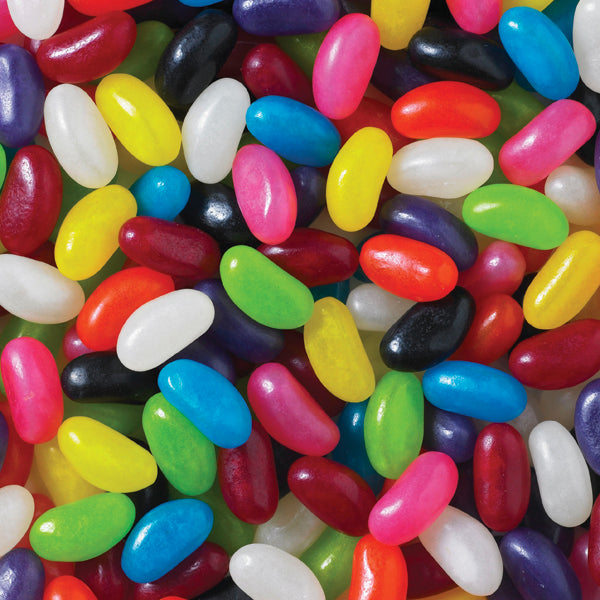 Close-up of colorful assorted jelly beans candy with various bright fruit flavors
