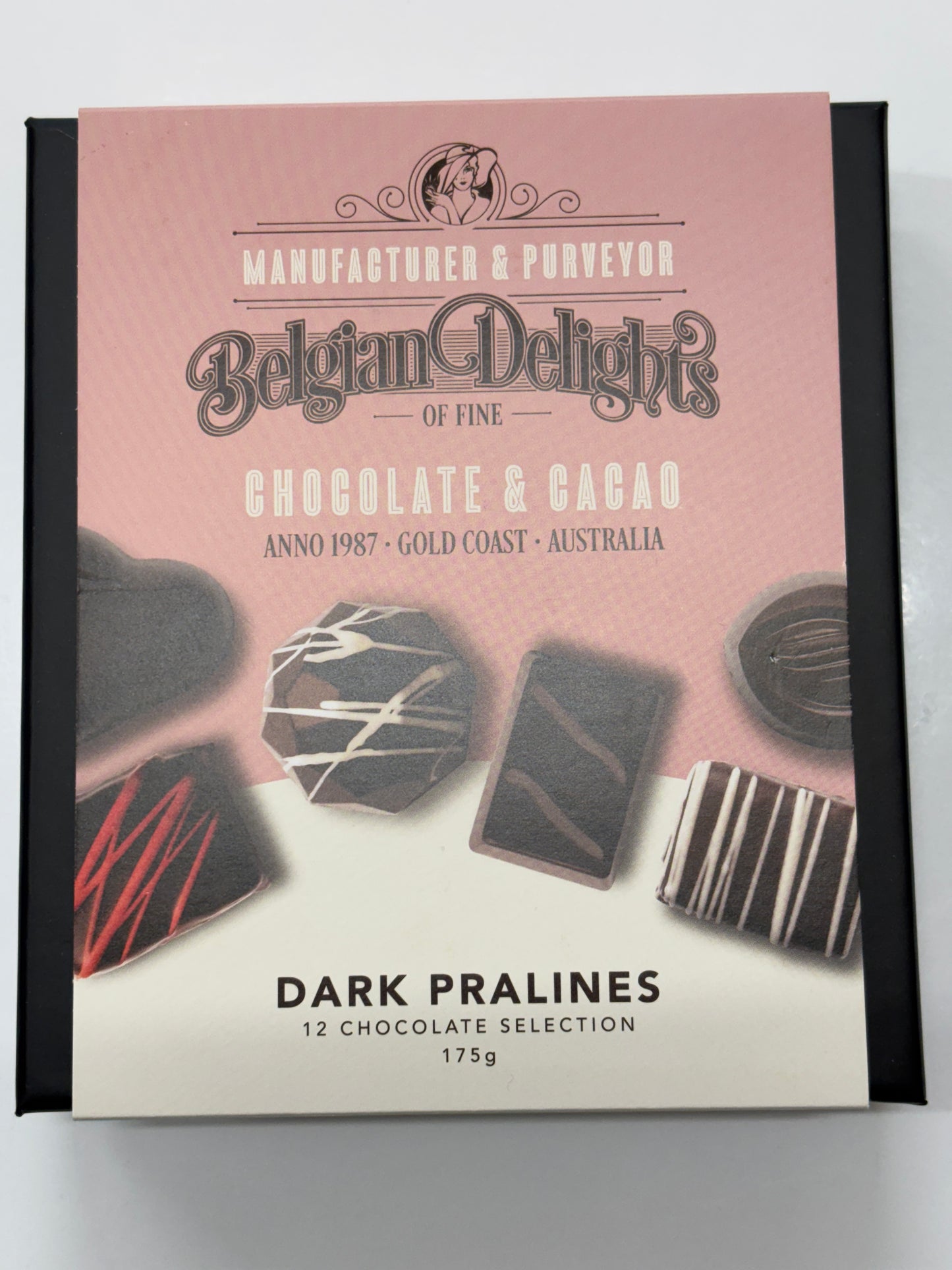 Select Sweets Belgian Delights Dark Pralines box 12 chocolate selection 175g showing assorted decorated dark chocolates