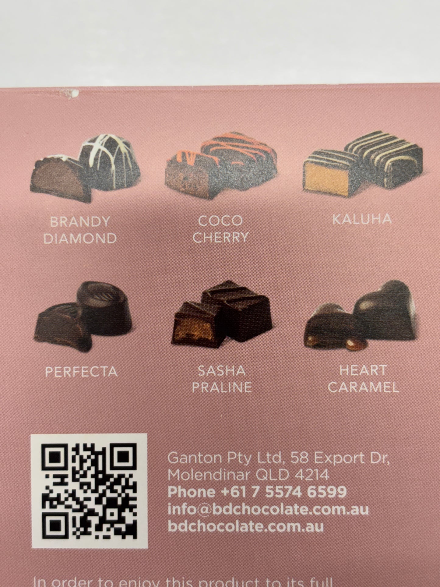 Select Sweets chocolate box back panel showing labeled pralines Brandy Diamond Coco Cherry Kaluha Sasha Praline Heart Caramel