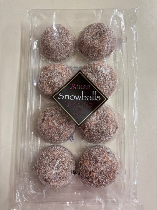 Select Sweets coconut marshmallow snowballs in clear plastic packaging with eight round treats