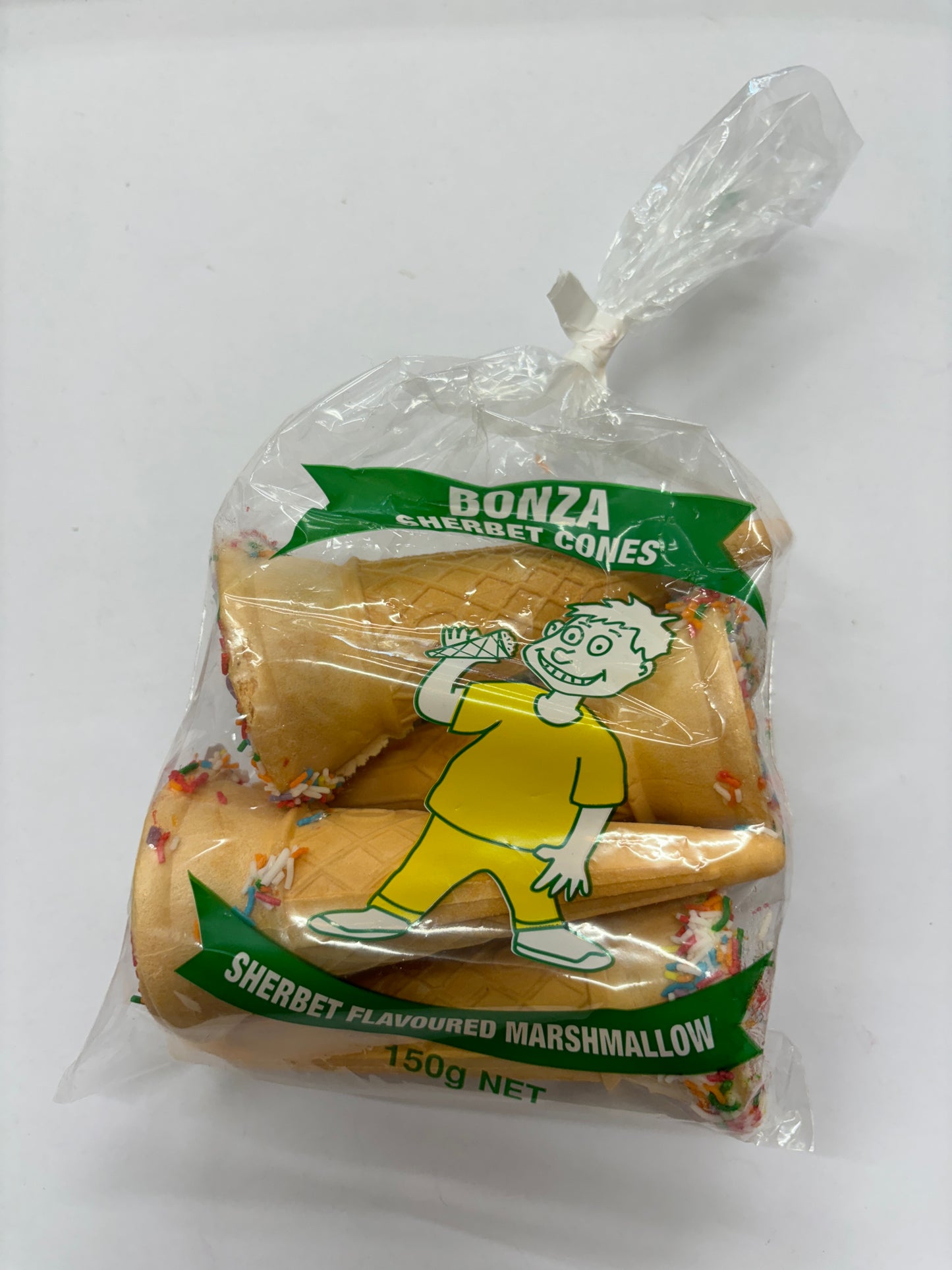 Select Sweets marshmallow sherbet cones in clear packaging with cartoon boy illustration