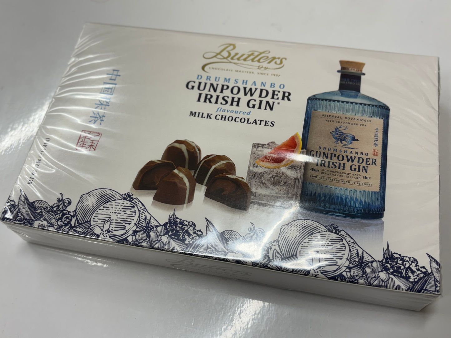 Butlers Gunpowder Irish Gin chocolates box featuring milk chocolates and a gin bottle