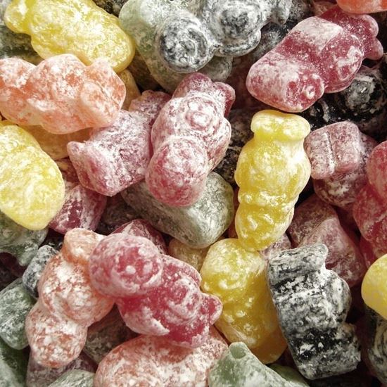 Close-up of colorful English jelly babies candy with powdered sugar coating from SelectSweets1
