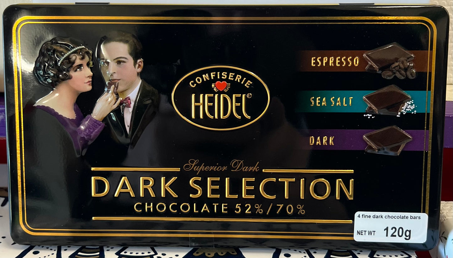 Heidel dark chocolate selection box featuring espresso, sea salt, and dark chocolate bars