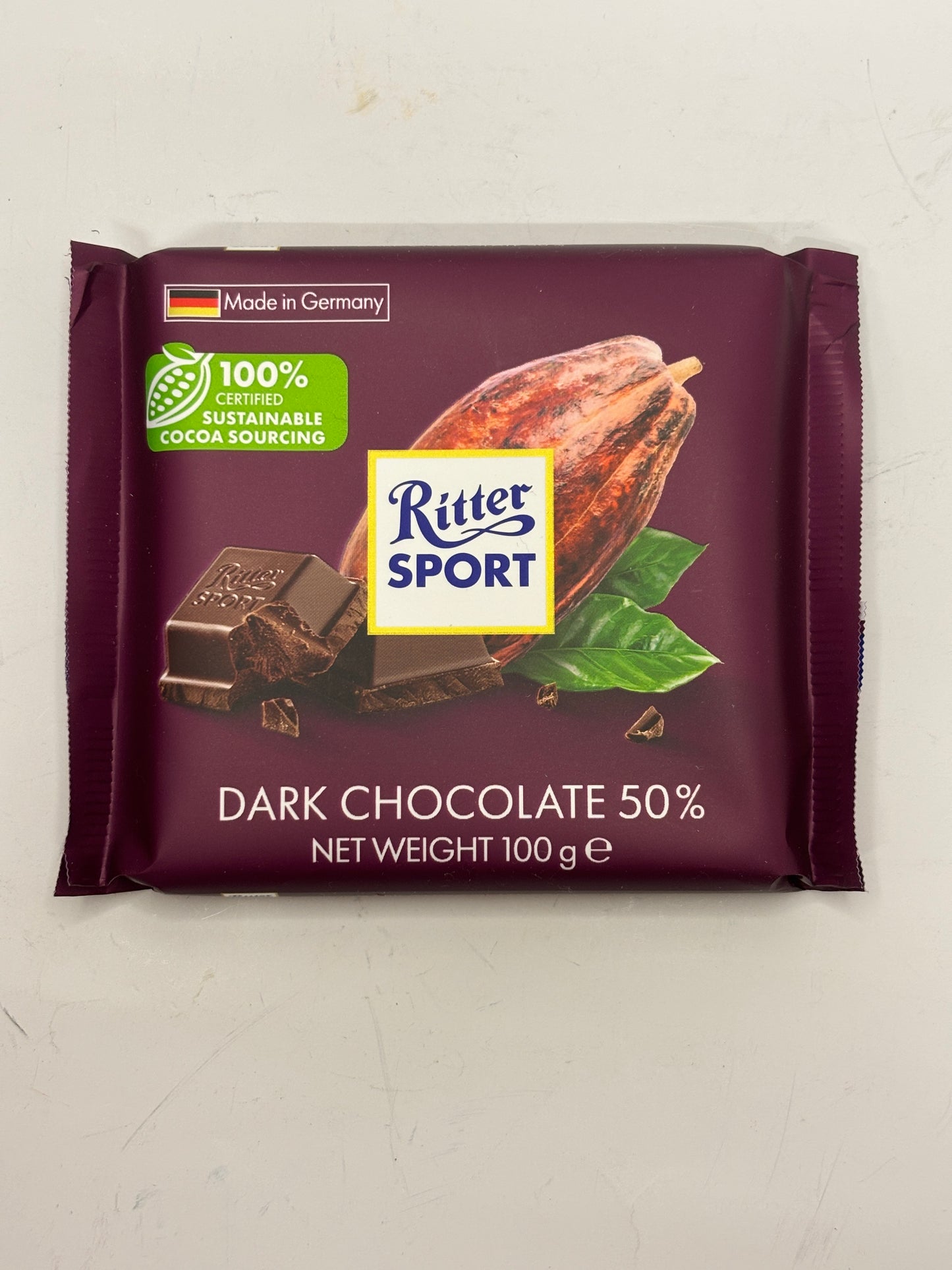 Ritter Sport dark chocolate bar 50 percent cocoa 100 grams with cocoa pod image on packaging