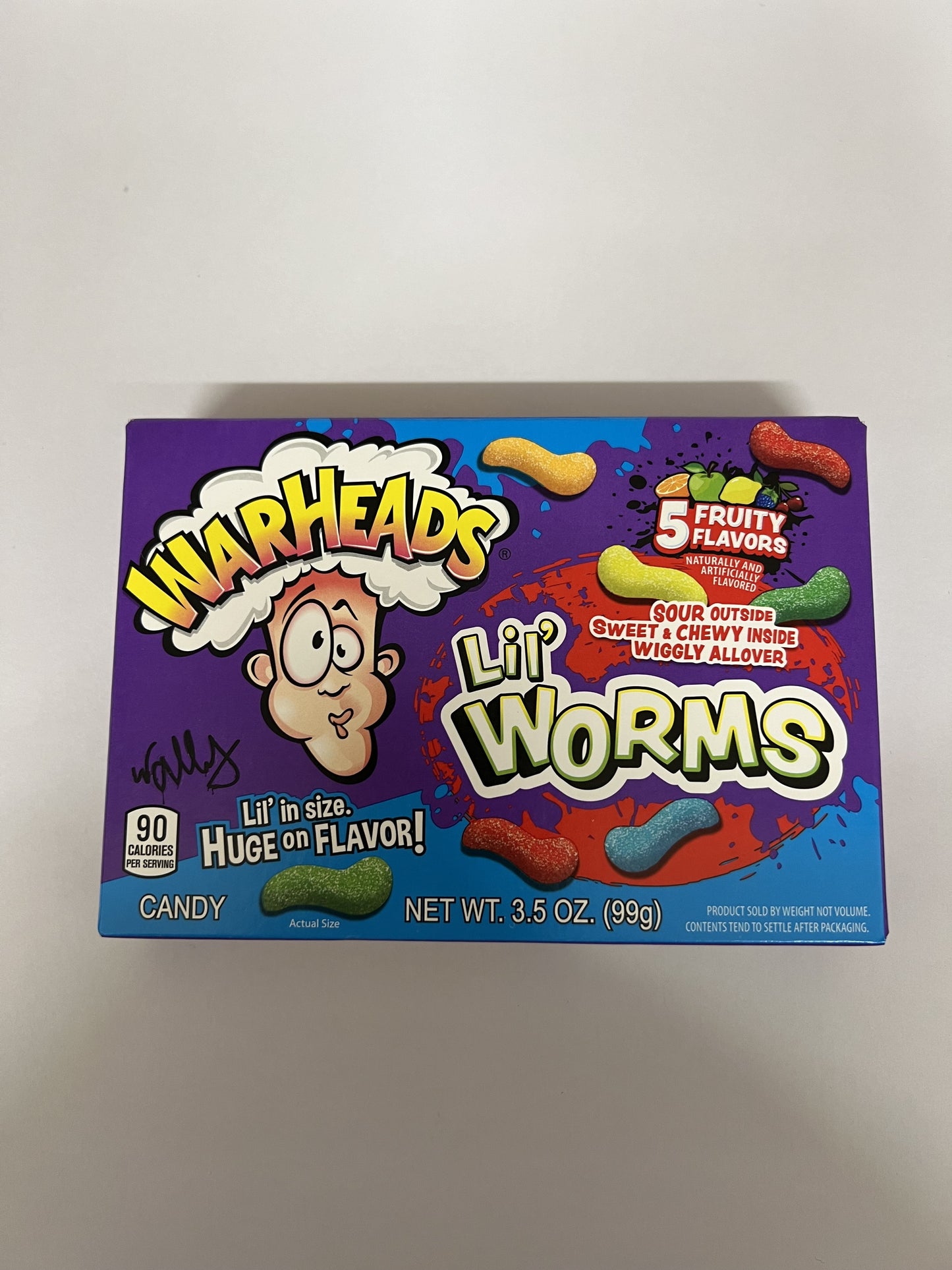 Warheads Lil Worms candy box with sour and sweet chewy gummy worms in five fruity flavors