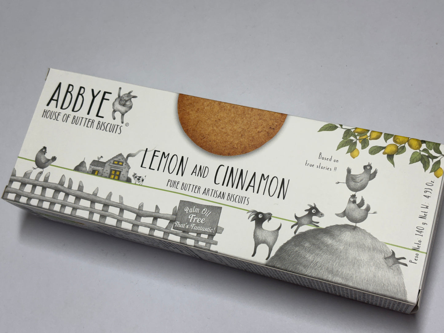 ABBYYE Lemon and Cinnamon Pure Butter Artisan Butter Biscuits in decorative packaging