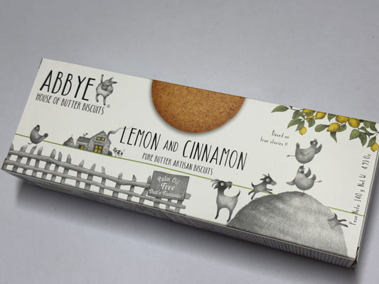 ABBYYE Lemon and Cinnamon Pure Butter Artisan Butter Biscuits in decorative packaging