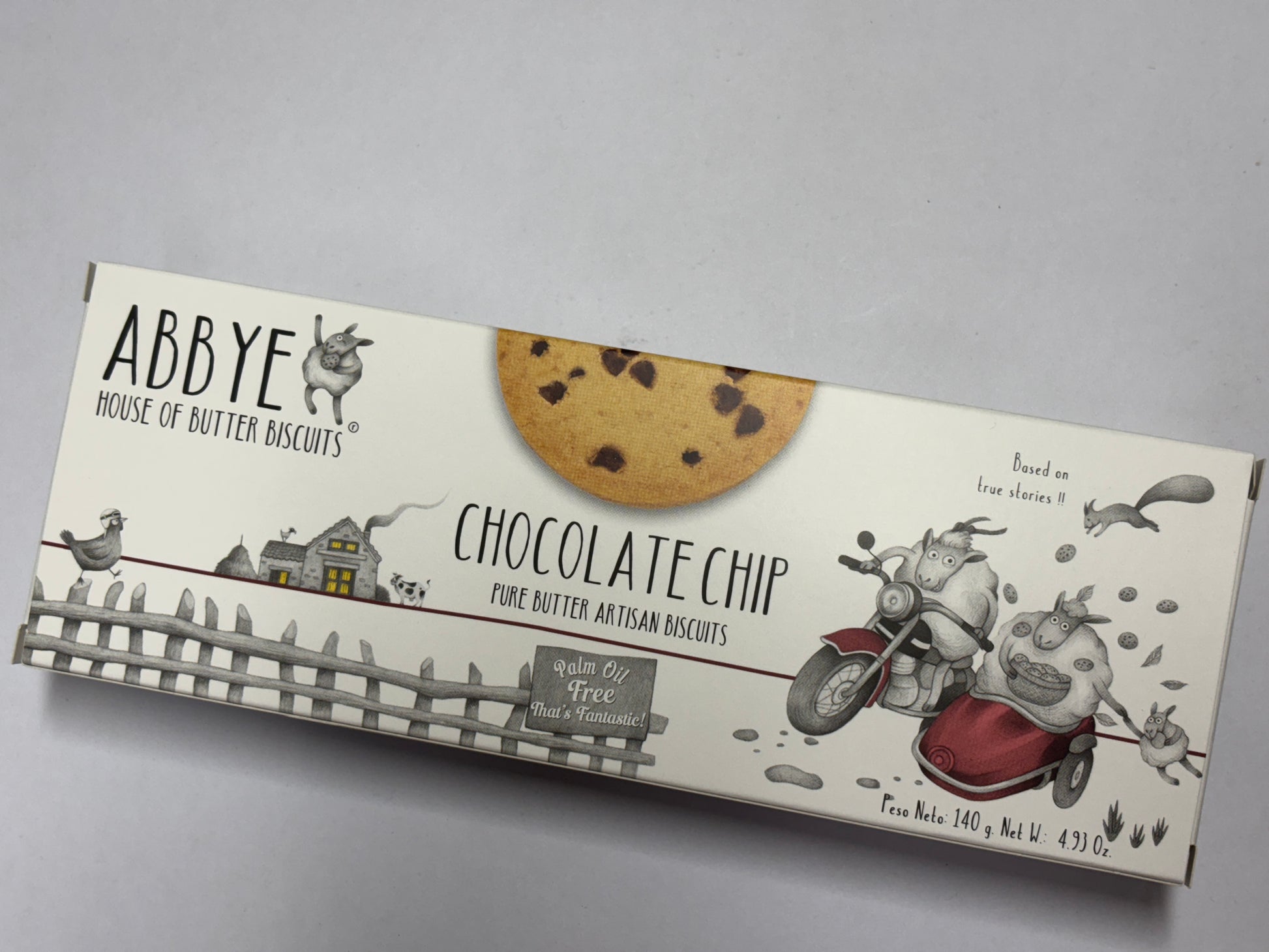 Abbaye chocolate chip artisan biscuits box featuring pure butter biscuits and a whimsical design