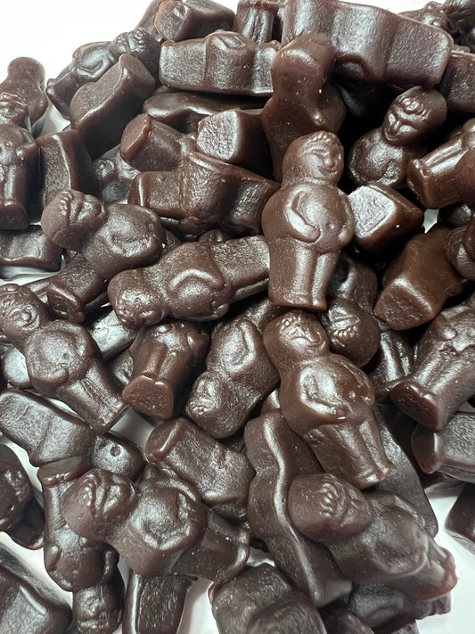 Close-up of Allens Cheekies candy with dark chocolate figure shapes from SelectSweets1