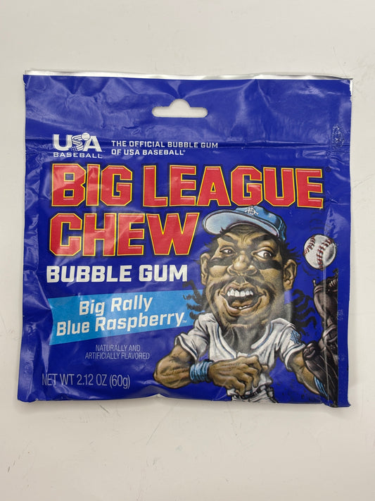 Big League Chew blue raspberry gum bubble gum package with baseball player illustration