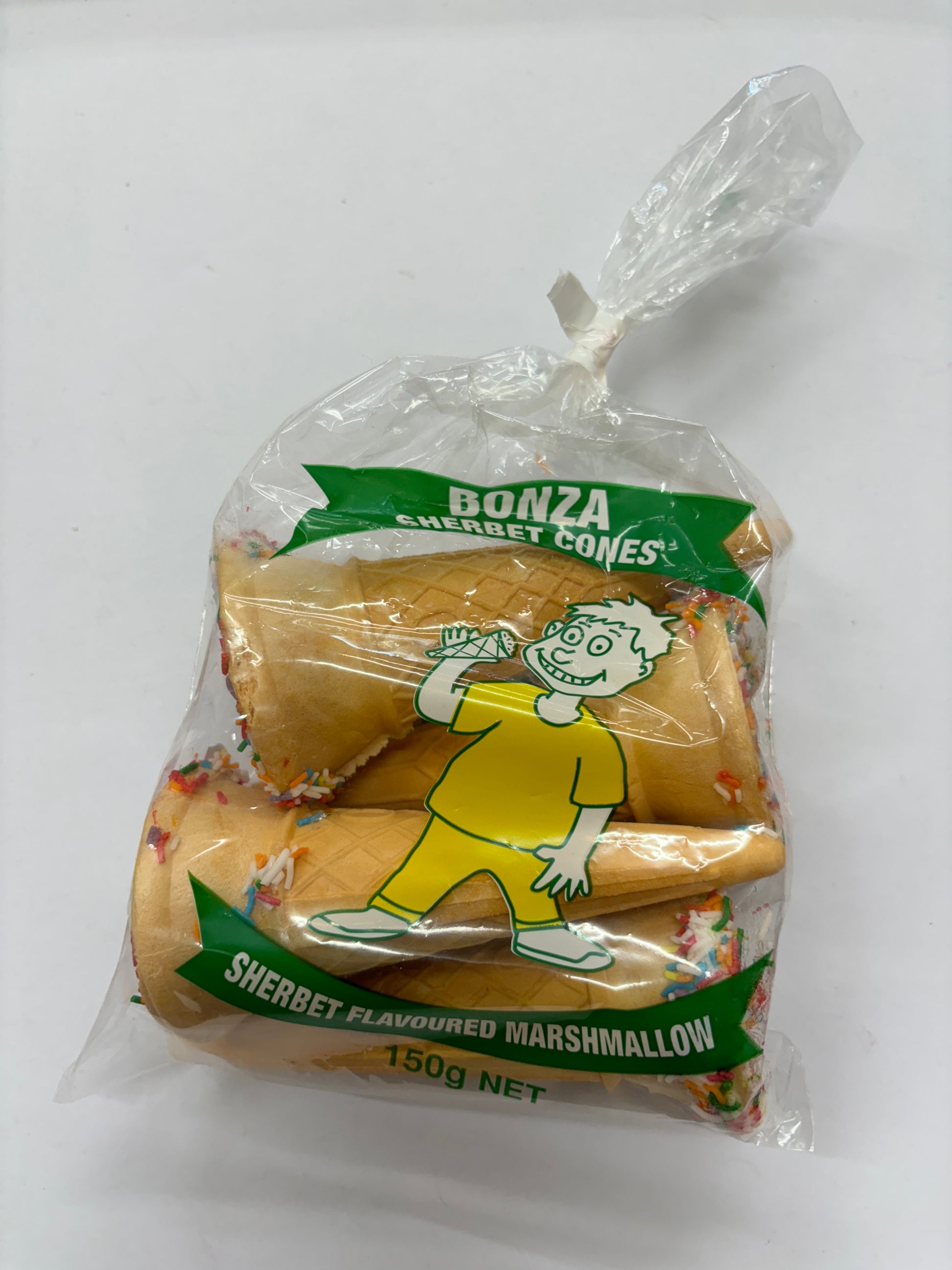 Select Sweets marshmallow sherbet cones in clear packaging with cartoon boy illustration