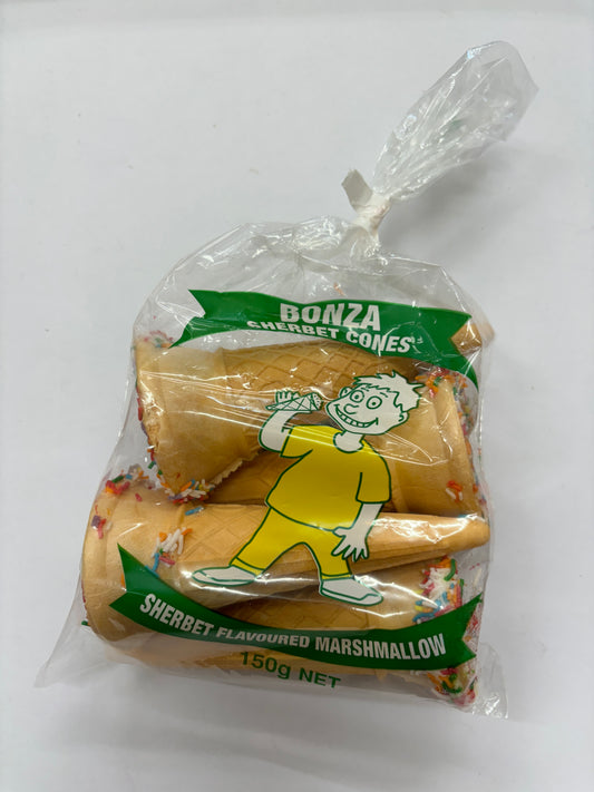Select Sweets marshmallow sherbet cones in clear packaging with cartoon boy illustration