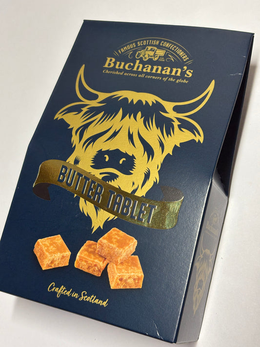 Buchanan's Scottish Butter Tablet packaging with caramel cubes, crafted in Scotland
