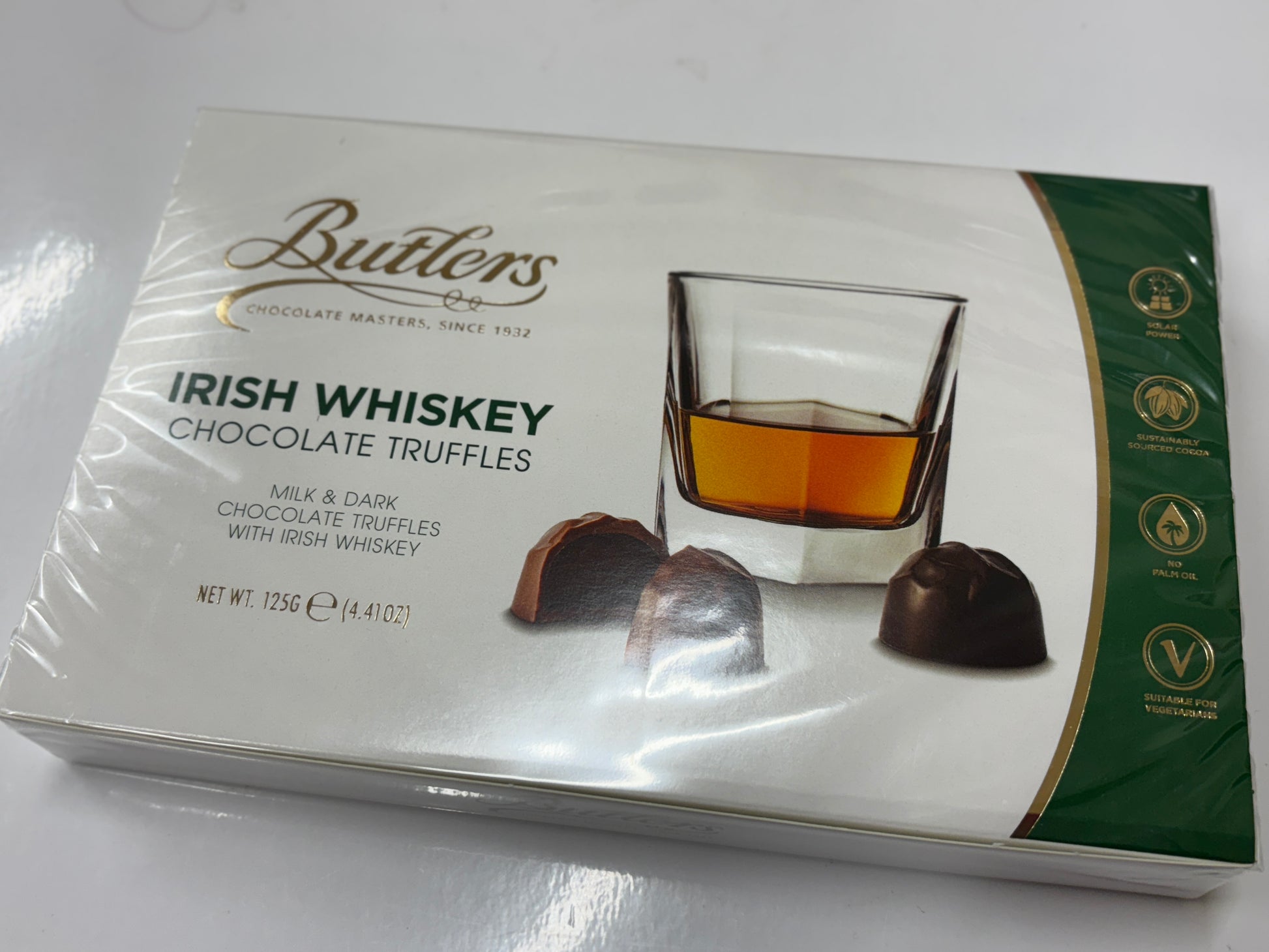 Butlers Irish whiskey chocolate truffles in a box featuring milk and dark chocolate flavors