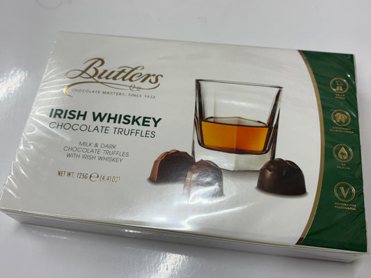 Butlers Irish whiskey chocolate truffles in a box featuring milk and dark chocolate flavors