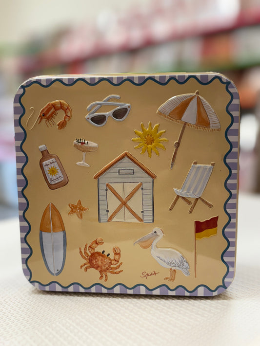 Colorful gift tin featuring beach-themed designs for storing butter shortbread biscuits gift tin
