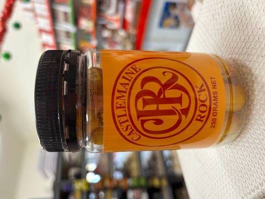 Jar of Castlemain Rock candy from Select Sweets, containing 250 grams of colorful rock candy treats