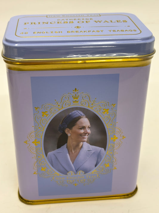 Catherine Princess of Wales tea tin with gold accents featuring an elegant portrait on a lavender background