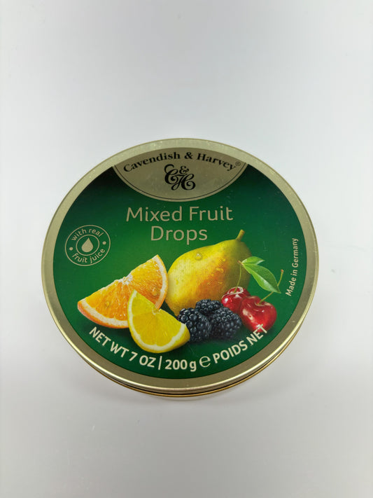 Select Sweets mixed fruit candy drops tin with images of orange, pear, blackberry, and cherry fruits