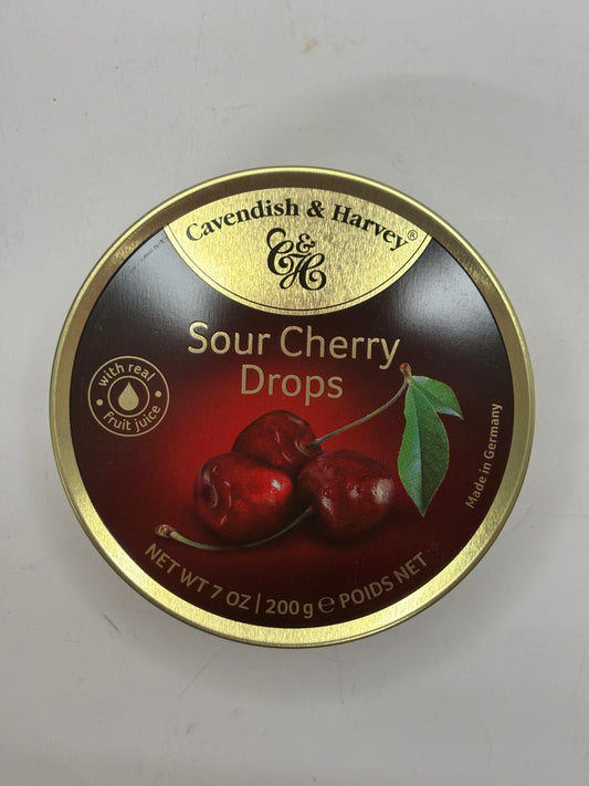 Cavendish and Harvey sour cherry candy drops tin with image of cherries and gold trim