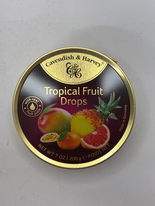 Cavendish & Harvey tropical fruit hard candy drops tin with images of pineapple, mango, passion fruit, and grapefruit