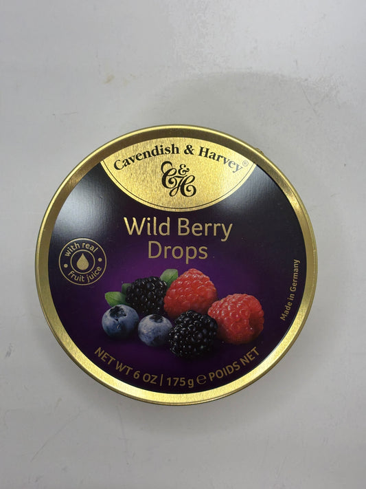 Cavendish & Harvey wild berry candy drops tin with images of blueberries raspberries and blackberries