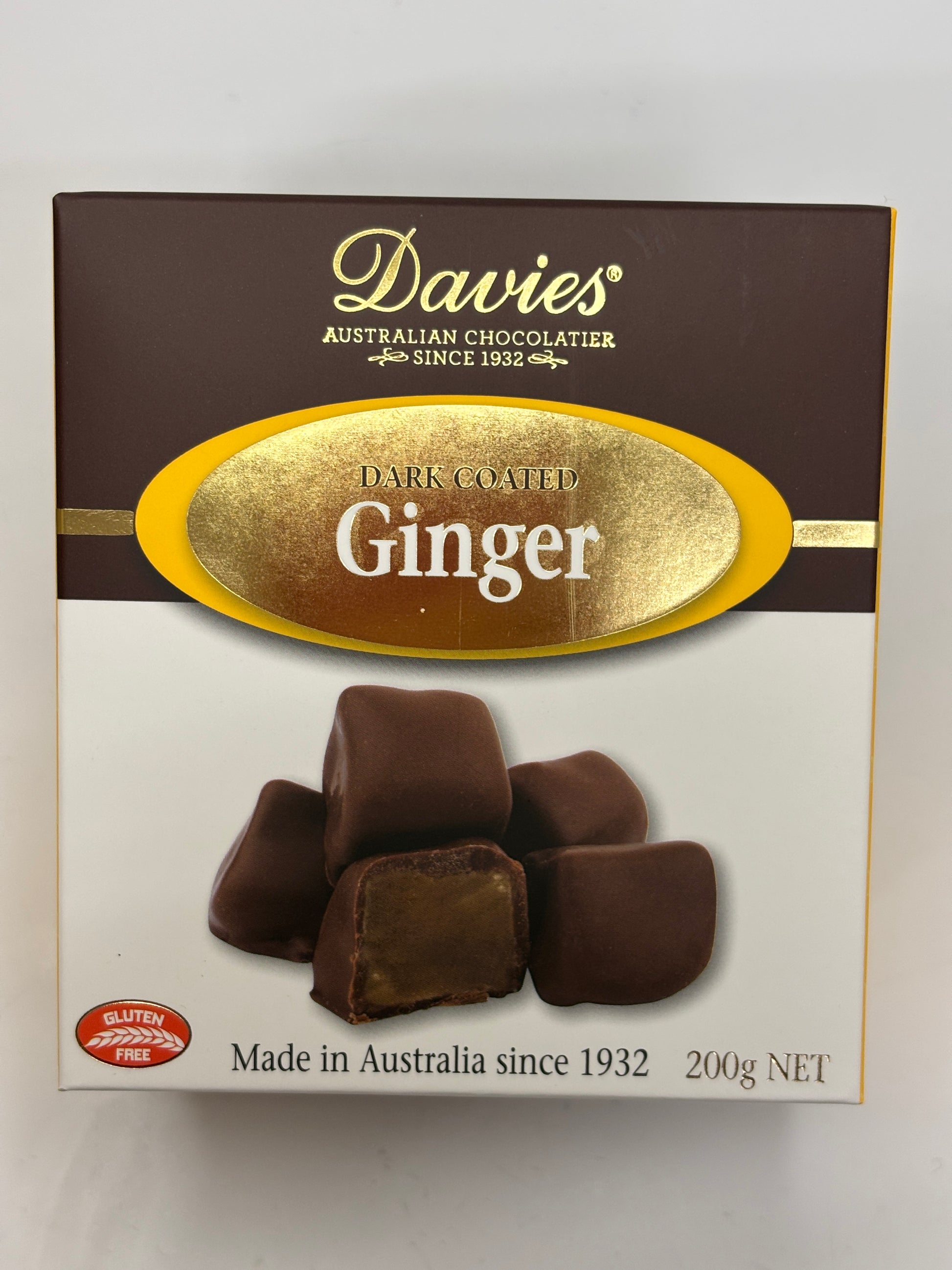 Select Sweets Davies ginger chocolates dark coated ginger pieces 200g box made in Australia