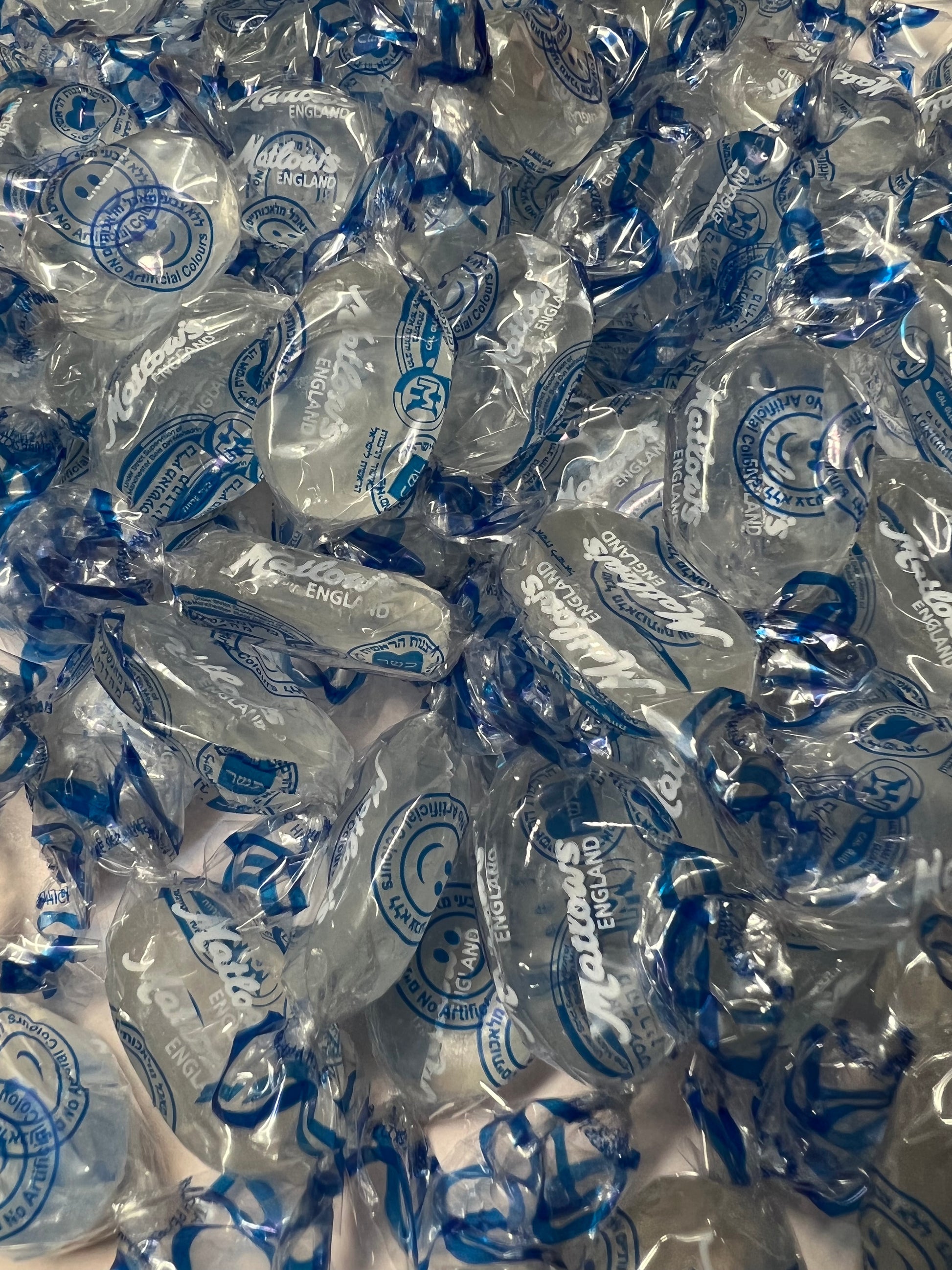 SelectSweets1 English crystal mints individually wrapped in clear blue and white packaging