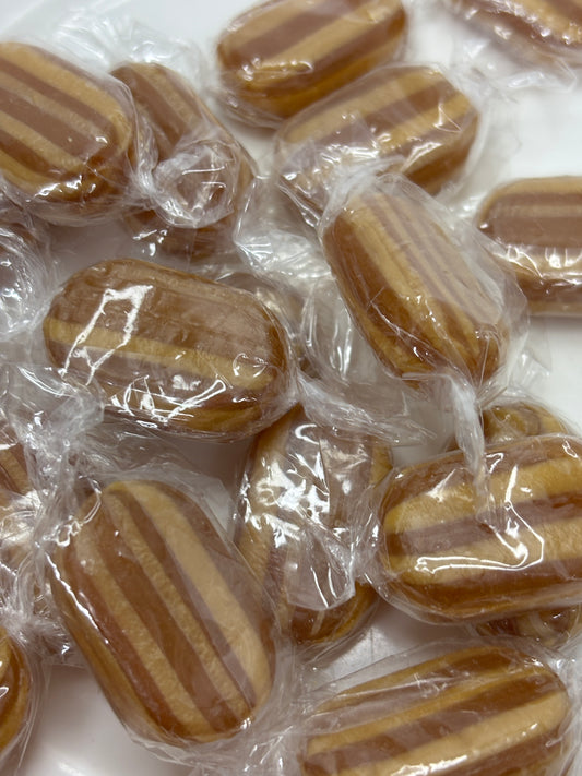 Select Sweets English mint humbugs individually wrapped striped candies with brown and tan colors