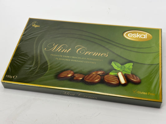 Eskal vegan mint chocolates box with premium dark chocolate peppermint flavored fondant centers and gluten free label