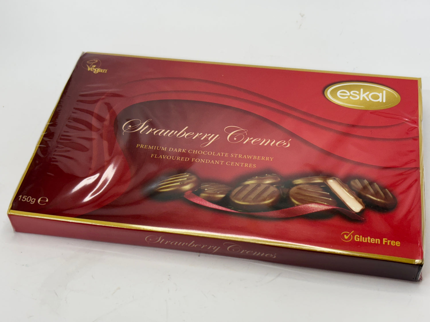 Eskal vegan strawberry chocolates dark chocolate strawberry flavored fondant center gluten free