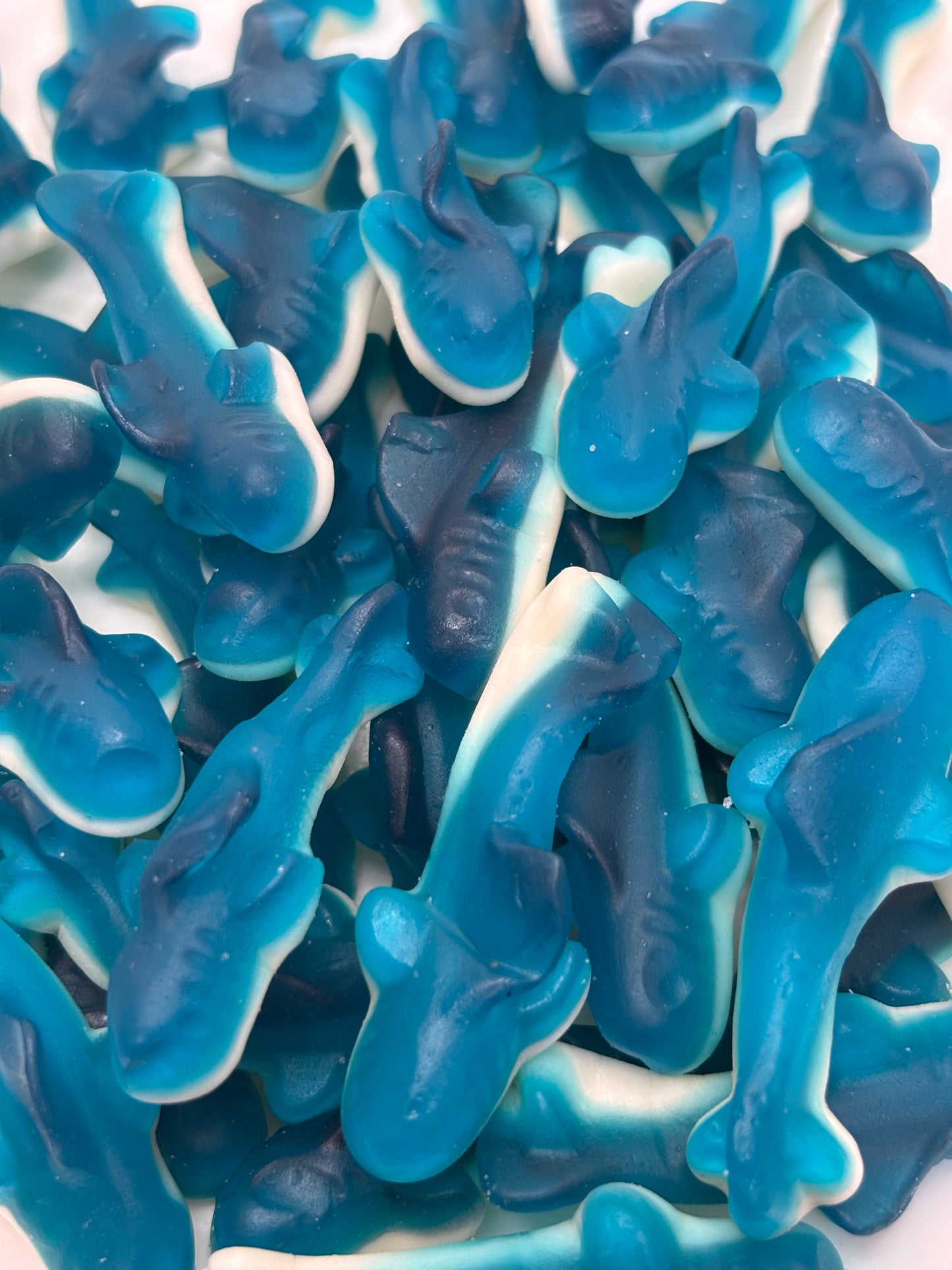 Select Sweets gummy blue shark candy in vibrant blue and white colors with a chewy texture