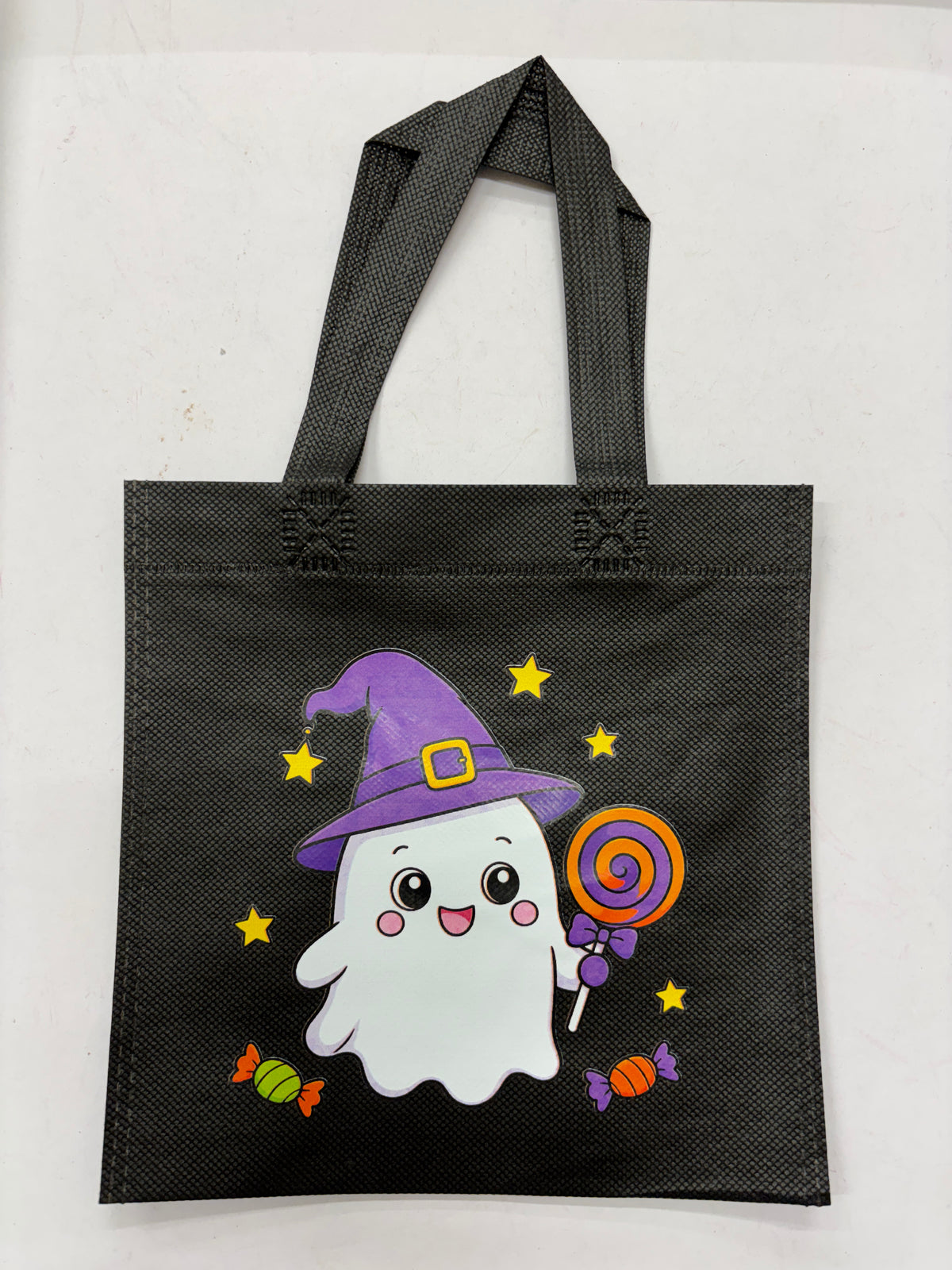 Select Sweets Halloween Ghost Tote Bag with Colorful Candy Design for Trick-or-Treating