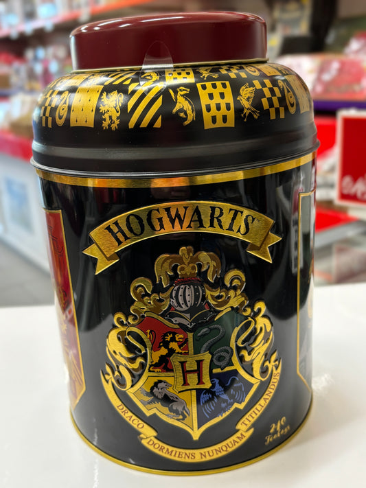 Hogwarts English tea tin featuring colorful Hogwarts crest and decorative design