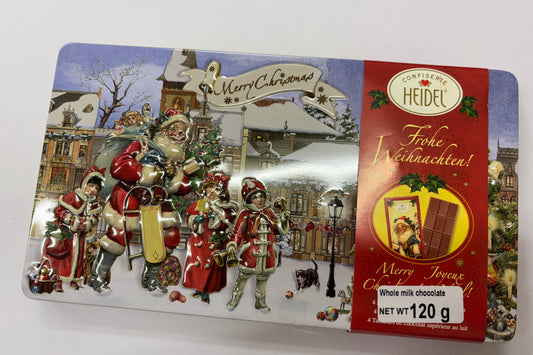 Heidel milk chocolate tin featuring festive Santa Claus and Christmas decorations with 120g contents