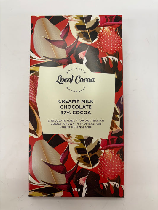 Local Cocoa creamy milk chocolate block 37 percent cocoa with tropical floral packaging