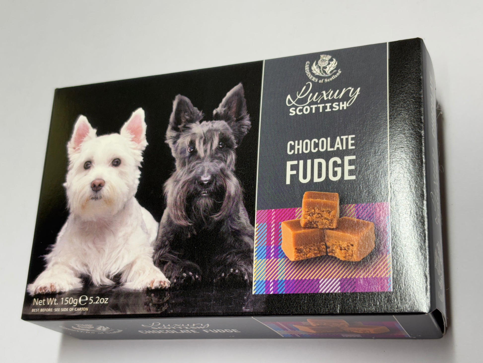 Select Sweets Scottish chocolate fudge box featuring two dogs with rich, soft fudge pieces