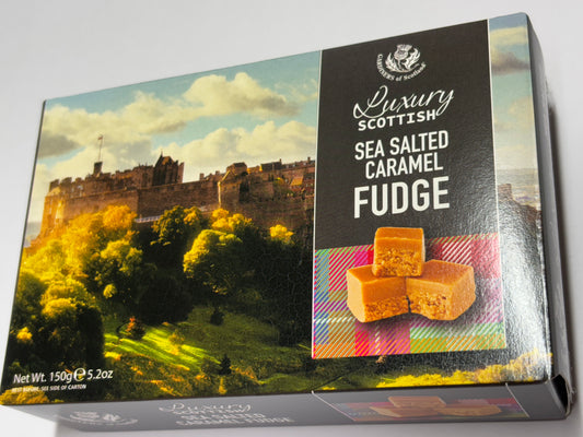 Select Sweets Scottish sea salted caramel fudge box featuring delicious fudge cubes against a scenic backdrop