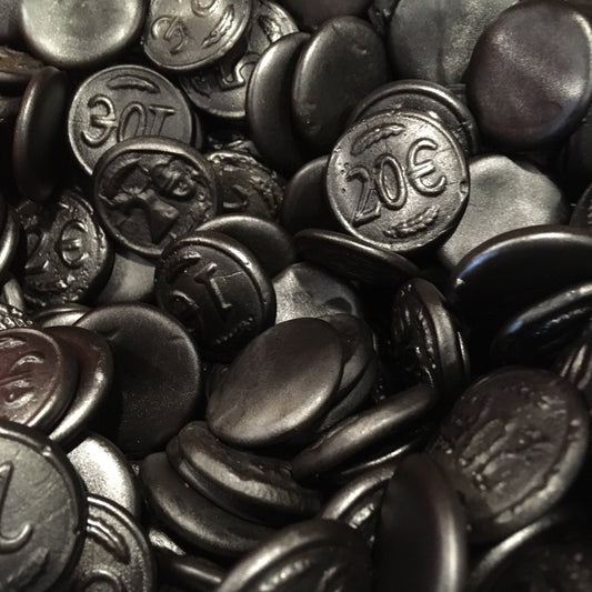 SelectSweets black licorice coin-shaped candies with embossed euro symbols and numbers