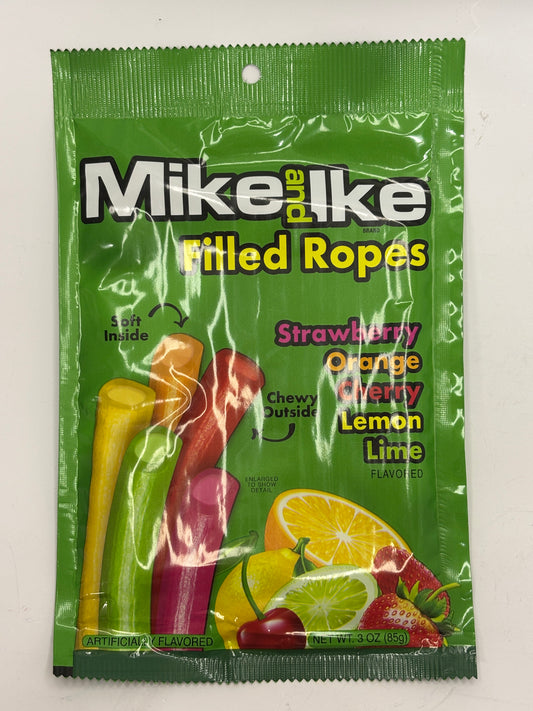 Mike and Ike Filled Ropes candy package with assorted fruit flavors including strawberry orange cherry lemon and lime