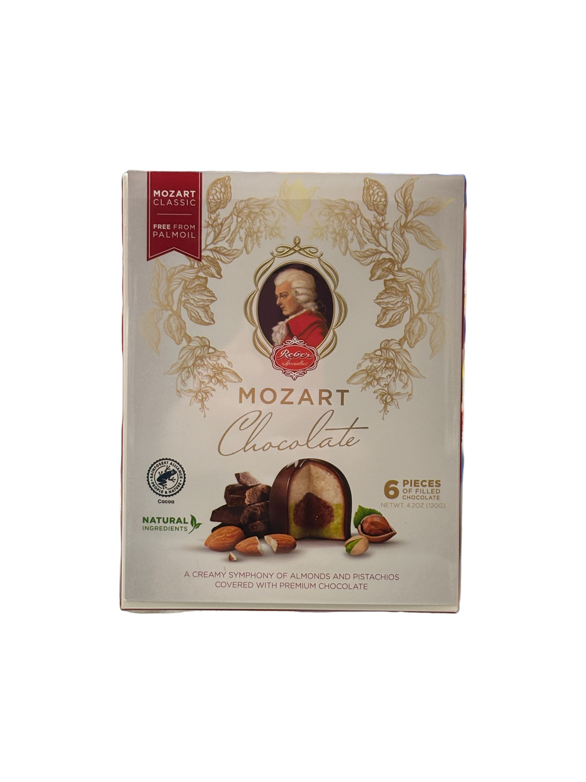 Select Sweets Mozart Kugeln chocolate box with six pieces featuring almonds and pistachios covered in premium chocolate