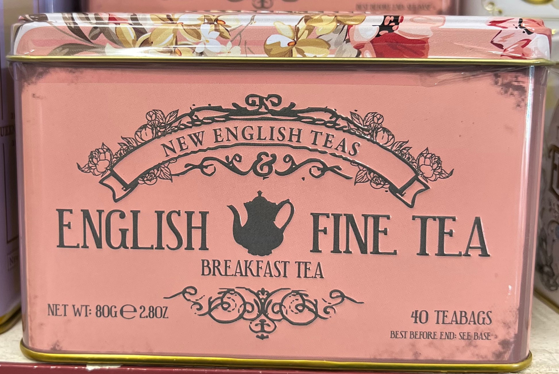 Select Sweets English breakfast tea tin featuring 40 teabags with elegant floral design