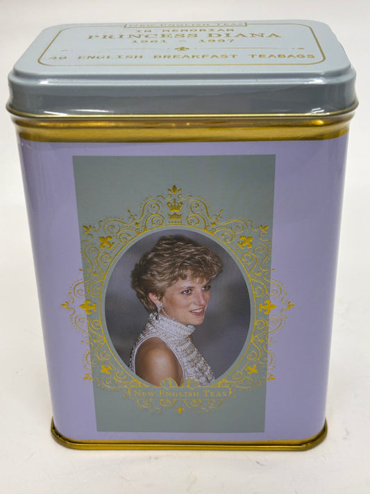 Select Sweets Princess Diana tea tin with lavender and gold design featuring a portrait of Princess Diana