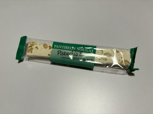 Pantheon Nougat pistachio nougat bar with visible pistachio nuts in clear packaging by Select Sweets