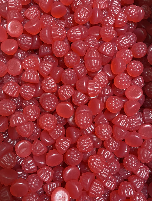 SelectSweets raspberry gummy candy in small fruit-shaped pieces with a translucent red color