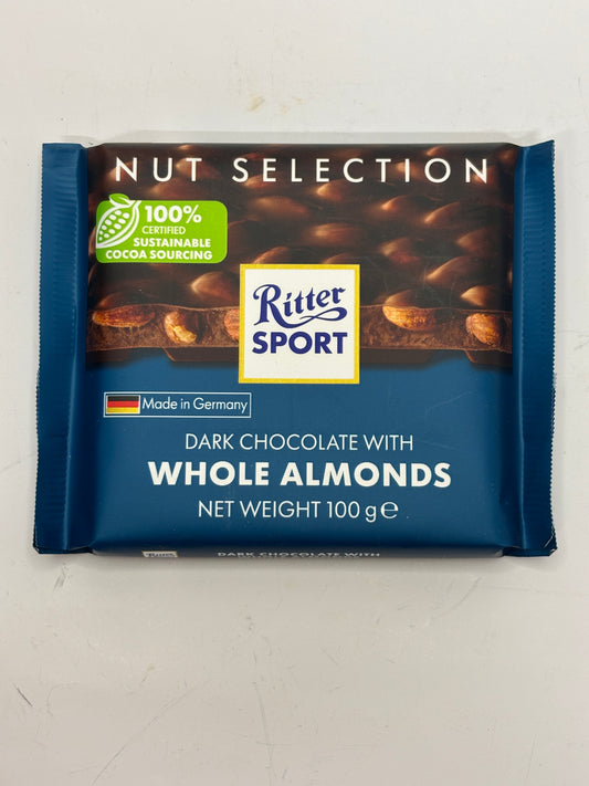 Ritter Sport dark chocolate with whole almonds in blue packaging by Select Sweets
